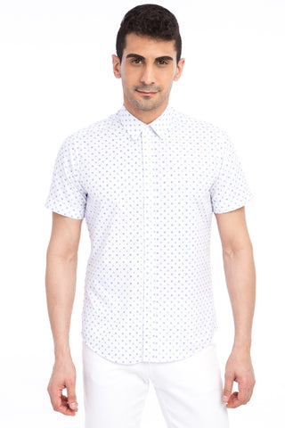 Beyaz Kısa Kol Baskılı Slim Fit Dar Kesim Gömlek