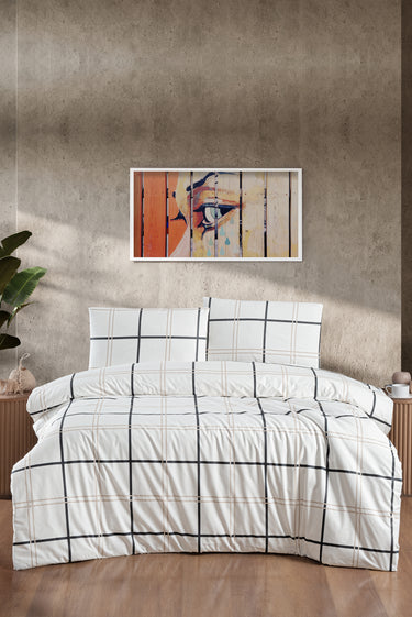 Ekru Tek Kişilik Ekose Pamuk Nevresim Takımı