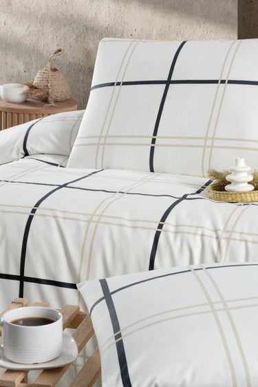 Ekru Tek Kişilik Ekose Pamuk Nevresim Takımı