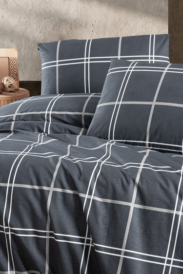 Orta Antrasit Tek Kişilik Ekose Pamuk Nevresim Takımı