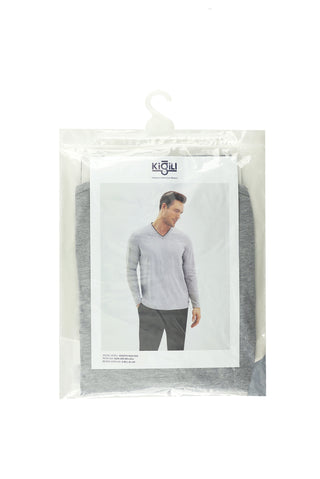 Açık Gri Melanj Çift V Yaka Jakar Lastikli Desenli 2'li Pamuklu Pijama Takımı