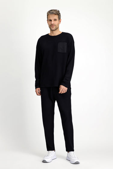 Siyah Uzun Kol Bisiklet Yaka 3'lü Şortlu Pijama Seti