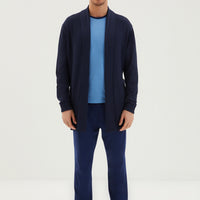 Blue 3-Piece Knitted Robe Half Crew Neck Cotton Pajama Set