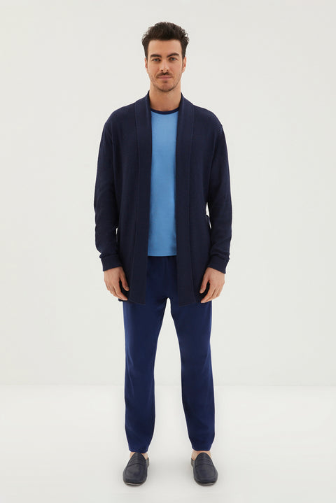 Blue 3-Piece Knitted Robe Half Crew Neck Cotton Pajama Set