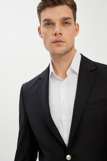 Siyah Slim Fit Dar Kesim Yünlü Blazer Ceket