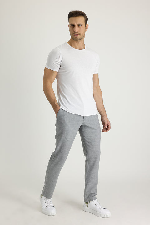 Açık Gri 7 Drop Slim Fit Dar Kesim Yünlü Beli Lastikli İpli Kuşgözü Kumaş Pantolon