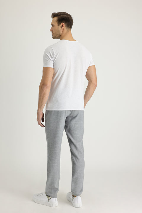 Açık Gri 7 Drop Slim Fit Dar Kesim Yünlü Beli Lastikli İpli Kuşgözü Kumaş Pantolon