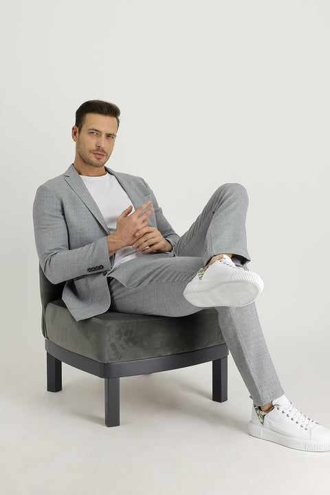 Açık Gri 7 Drop Slim Fit Dar Kesim Yünlü Beli Lastikli İpli Kuşgözü Kumaş Pantolon