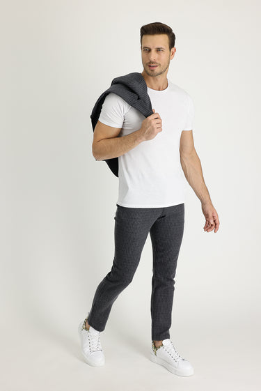 Koyu Antrasit Slim Fit Dar Kesim Yünlü Beli Lastikli İpli Çizgili Kumaş Pantolon