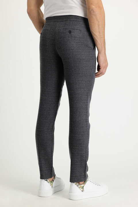 Koyu Antrasit 7 Drop Slim Fit Dar Kesim Yünlü Beli Lastikli İpli Çizgili Kumaş Pantolon