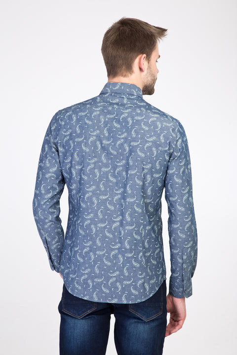 Açık Lacivert Uzun Kol Desenli Slim Fit Dar Kesim Pamuk Gömlek