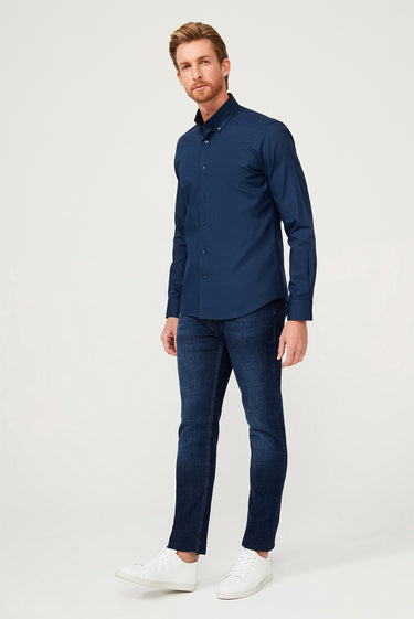 Orta Lacivert Uzun Kol Slim Fit Dar Kesim Pamuk Gömlek