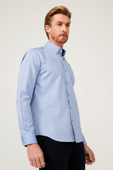 Saks Mavi Uzun Kol Slim Fit Dar Kesim Pamuk Gömlek