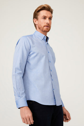 Saks Mavi Uzun Kol Slim Fit Dar Kesim Pamuk Gömlek