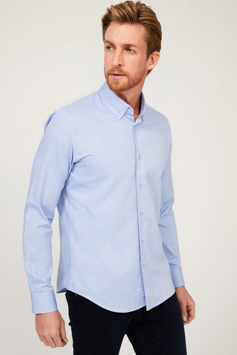 Blue Long Sleeve Slim Fit Narrow Cut Cotton Shirt