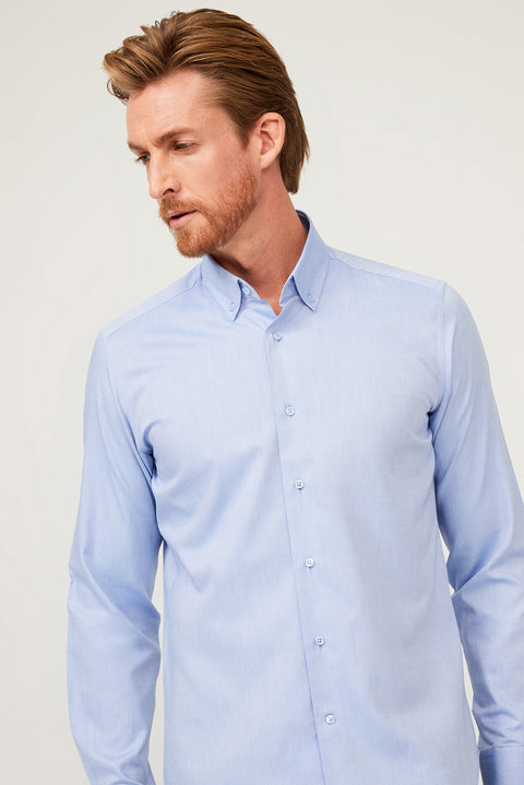 Blue Long Sleeve Slim Fit Narrow Cut Cotton Shirt
