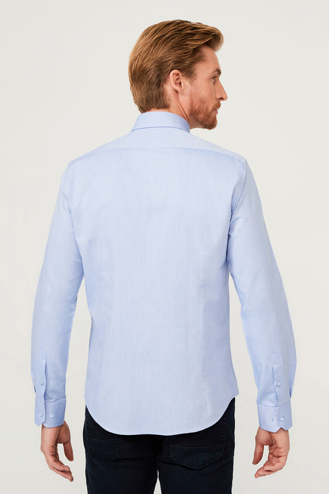 Blue Long Sleeve Slim Fit Narrow Cut Cotton Shirt