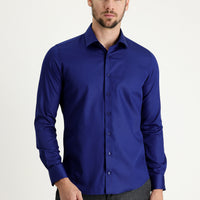 Orta Lacivert Uzun Kol Slim Fit Dar Kesim Non Iron Saten Pamuklu Gömlek