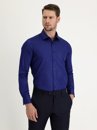 Orta Lacivert Uzun Kol Slim Fit Dar Kesim Non Iron Saten Pamuklu Gömlek