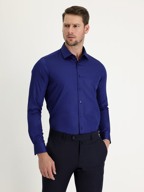 Orta Lacivert Uzun Kol Slim Fit Dar Kesim Non Iron Saten Pamuklu Gömlek