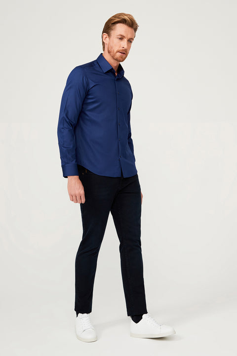 Orta Lacivert Uzun Kol Slim Fit Dar Kesim Non Iron Saten Pamuklu Gömlek