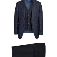 Koyu Lacivert Slim Fit Dar Kesim Yelekli Kombinli Keten Takım Elbise