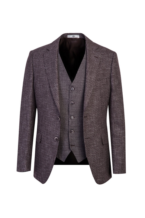 Koyu Kahve 7 Drop Slim Fit Dar Kesim Yelekli Kombinli Keten Takım Elbise