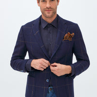 Koyu Lacivert Relaxed Fit Rahat Kesim Yünlü Desenli Ceket