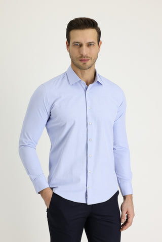 Gök Mavisi Uzun Kol Slim Fit Dar Kesim Desenli Pamuklu Gömlek