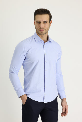 Gök Mavisi Uzun Kol Slim Fit Dar Kesim Desenli Pamuklu Gömlek