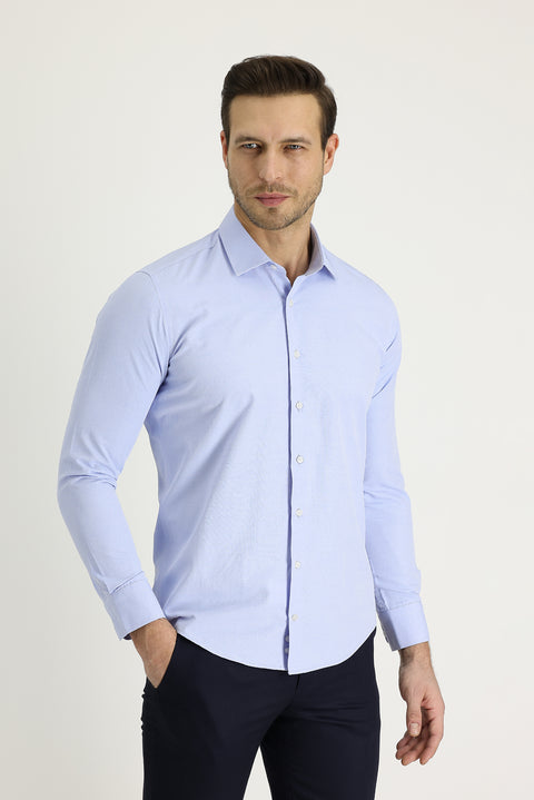 Gök Mavisi Uzun Kol Slim Fit Dar Kesim Desenli Pamuklu Gömlek