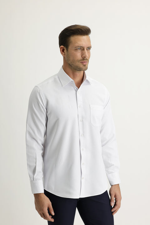 White Long-Sleeve Classic Patterned Cotton Shirt