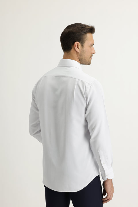 White Long-Sleeve Classic Patterned Cotton Shirt
