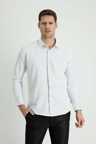 Açık Gri Uzun Kol Slim Fit Dar Kesim Çizgili Pamuklu Gömlek