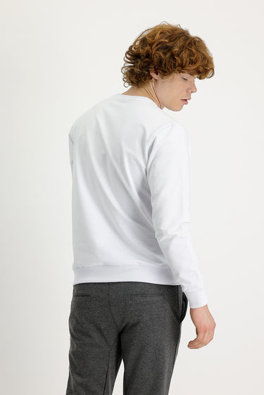 Beyaz Bisiklet Yaka Baskılı Pamuklu Sweatshirt