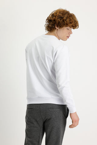 Beyaz Bisiklet Yaka Baskılı Pamuklu Sweatshirt