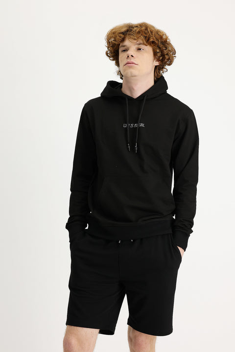 Siyah Regular Fit Kapüşonlu Nakışlı Pamuklu Sweatshirt