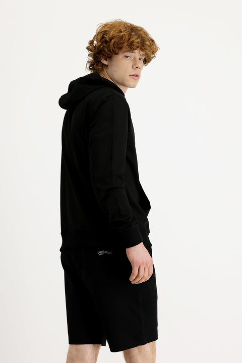 Siyah Regular Fit Kapüşonlu Nakışlı Pamuklu Sweatshirt