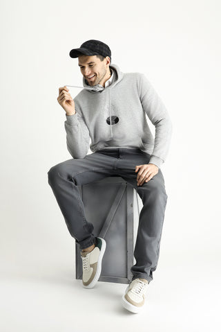 Açık Gri Melanj Regular Fit Kapüşonlu Baskılı Pamuklu Sweatshirt