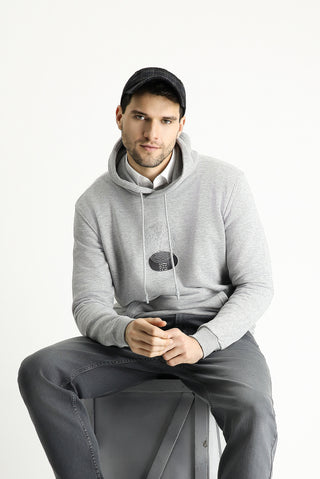 Açık Gri Melanj Regular Fit Kapüşonlu Baskılı Pamuklu Sweatshirt