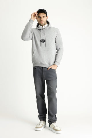 Açık Gri Melanj Regular Fit Kapüşonlu Baskılı Pamuklu Sweatshirt