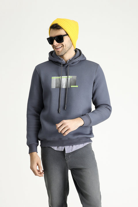 Koyu Antrasit Regular Fit Kapüşonlu Baskılı Pamuklu Sweatshirt