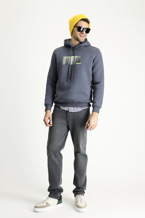 Koyu Antrasit Regular Fit Kapüşonlu Baskılı Pamuklu Sweatshirt