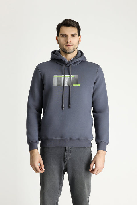Koyu Antrasit Regular Fit Kapüşonlu Baskılı Pamuklu Sweatshirt