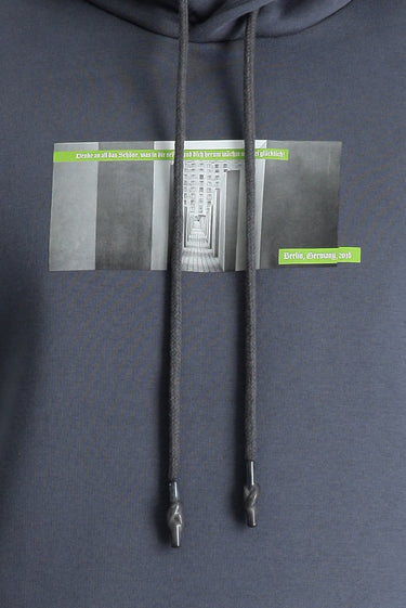 Koyu Antrasit Kapüşonlu Baskılı Pamuklu Sweatshirt