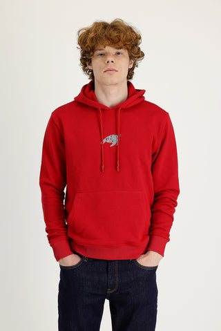 Bayrak Kırmızı Kapüşonlu Nakışlı Pamuklu Sweatshirt