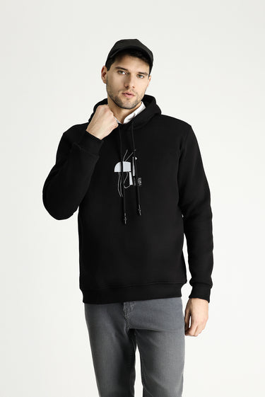 Siyah Kapüşonlu Baskılı Pamuklu Sweatshirt