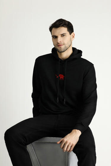 Siyah Kapüşonlu Nakışlı Pamuklu Sweatshirt