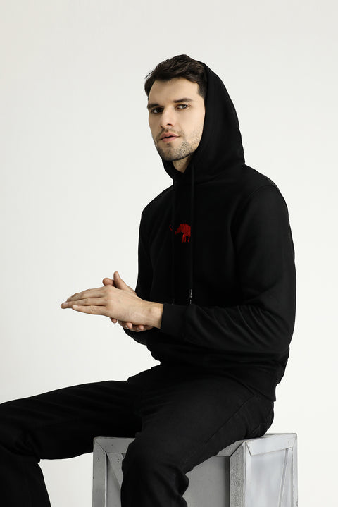 Siyah Kapüşonlu Regular Fit Pamuklu Nakışlı 3 İplik Sweatshirt