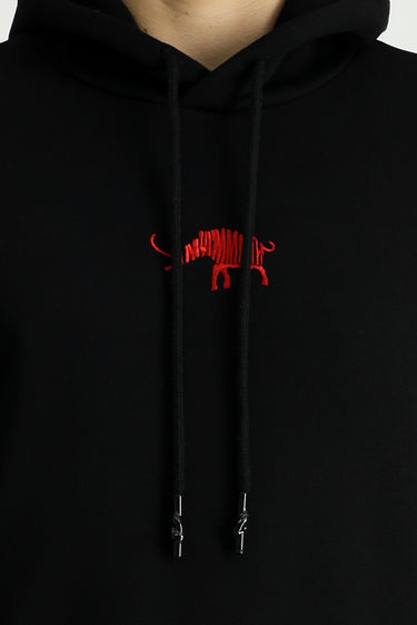 Siyah Kapüşonlu Nakışlı Pamuklu Sweatshirt